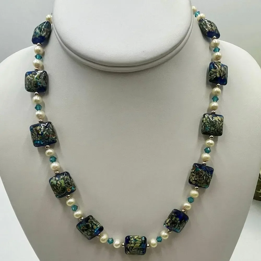 Murano Glass Necklace Sterling Silver Clasp Freshwater Pearls Blue Gold Van Gogh